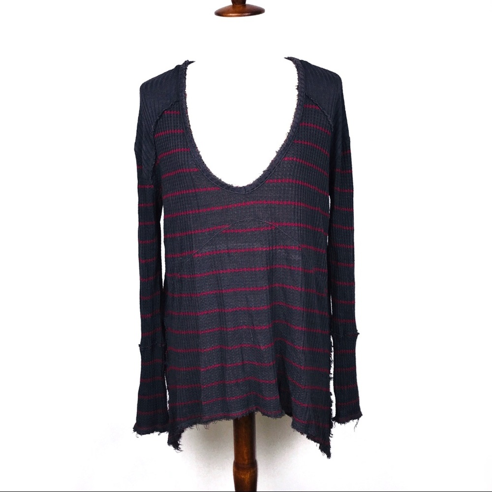 Free People Sunset Park Waffle Knit Striped Pullover V Neck Tunic Small - Picture 2 of 8